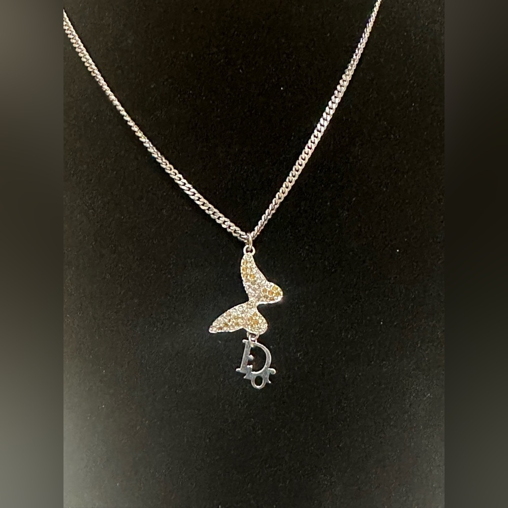 Dior Necklace Butterfly Pendant Logo Initials CD Gold Crystals - Picture 5 of 10